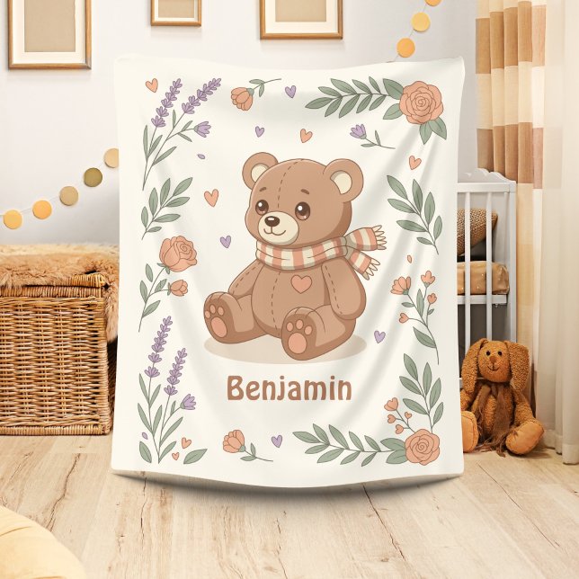 Süßer Teddybär Blumen Custom Name Fleecedecke (Von Creator hochgeladen)