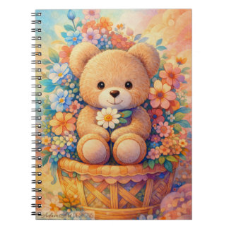 Süßer Teddybär Blumenkorb Pastell-Kunst Notizblock