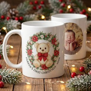 Süßer Teddybär-Blumenkranz-Babys erstes Weihnachte Kaffeetasse