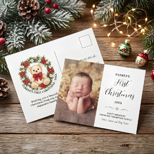 Süßer Teddybär-Blumenkranz-Babys erstes Weihnachte Postkarte