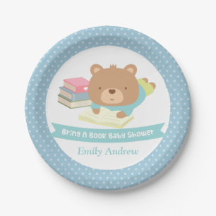 Süßer Teddybär bringt eine Buch-Baby-Party Pappteller