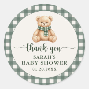 Süßer Teddybär Grün Kariert Baby Shower Dankeschön Runder Aufkleber
