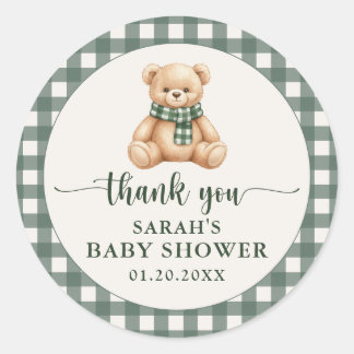 Süßer Teddybär Grün Kariert Baby Shower Dankeschön Runder Aufkleber