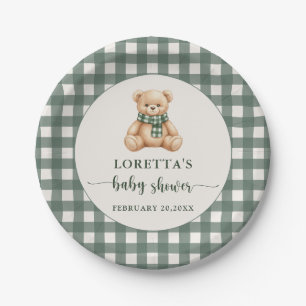 Süßer Teddybär Grüner Karierter Baby Shower Pappteller