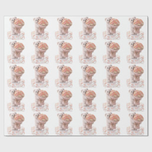 Süßer Teddybär hält Bouquet aus rosafarbenen Pfirs Geschenkpapier