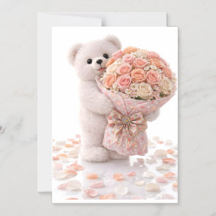 Süßer Teddybär hält Bouquet aus rosafarbenen Pfirs Magneteinladung