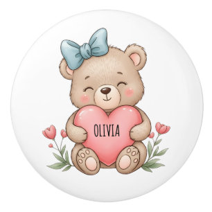 Süßer Teddybär hält rosa Herz Keramikknauf