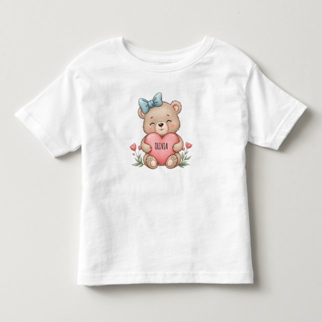 Süßer Teddybär hält rosa Herz Kleinkind T-shirt (Vorderseite)