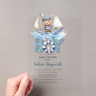 Süßer Teddybär in Blaues Boot Jungen-Baby-Party Acryleinladungen