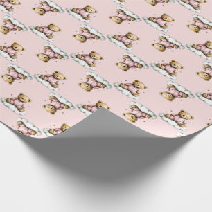 Süßer Teddybär in rosa Schlafanzug auf einer Wolke Geschenkpapier