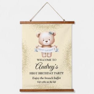 Süßer Teddybär mit Alles Gute zum Geburtstag Wandteppich Mit Holzrahmen