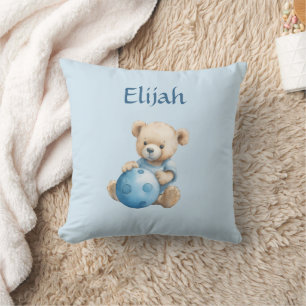 Süßer Teddybär mit blauem Ball Kissen