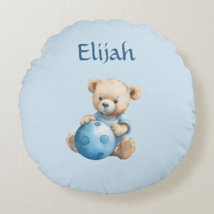 Süßer Teddybär mit blauem Ball Rundes Kissen