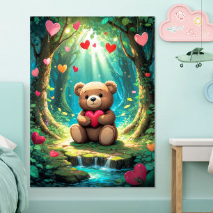 Süßer Teddybär mit Herz im Waldposter Poster
