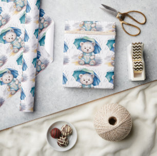 Süßer Teddybär mit Regenschirm Jungen-Baby-Party Geschenkpapier
