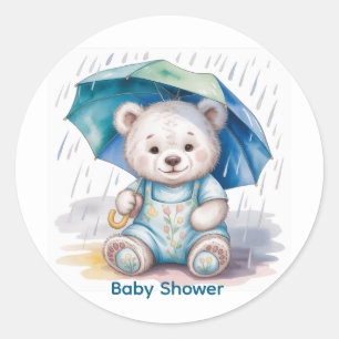 Süßer Teddybär mit Regenschirm Jungen-Baby-Party Runder Aufkleber