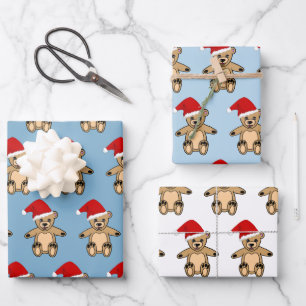 Süßer Teddybär mit Weihnachtsmannmütze Blau Weihna Geschenkpapier Set