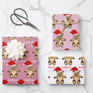 Süßer Teddybär mit Weihnachtsmannmütze Rosa Weihna Geschenkpapier Set