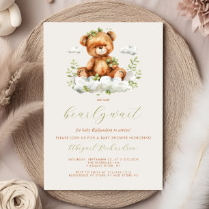 Süßer Teddybär Neutrales Grünes Blätter Babyparty Einladung