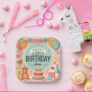 Süßer Teddybär Pastell Rosa Alles Gute zum Geburts Pappteller