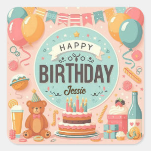Süßer Teddybär Pastell Rosa Alles Gute zum Geburts Quadratischer Aufkleber