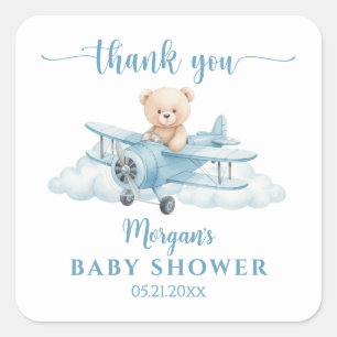 Süßer Teddybär-Pilot-Baby-Shower-Dankeschön Quadratischer Aufkleber