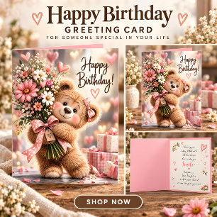 Süßer Teddybär Rosa Blumen Geburtstag Karte
