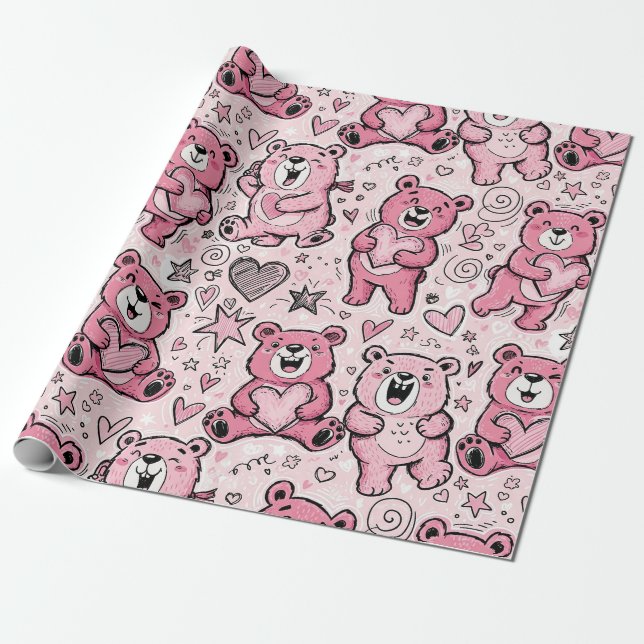 Süßer Teddybär Rosa Muster Geschenkpapier (Ungerollt)
