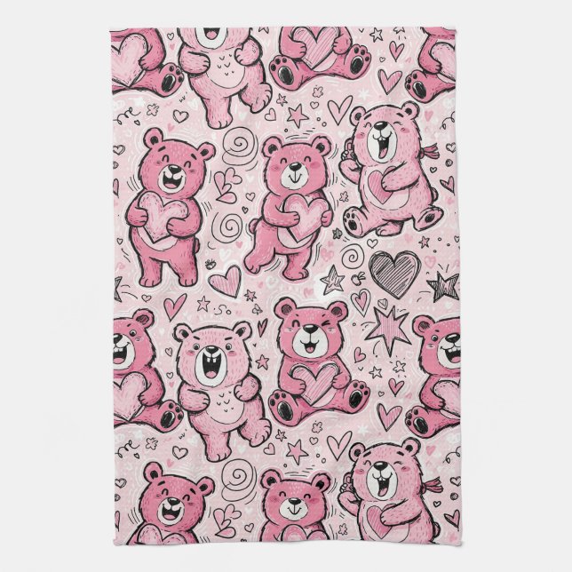 Süßer Teddybär Rosa Muster Geschirrtuch (Vertikal)