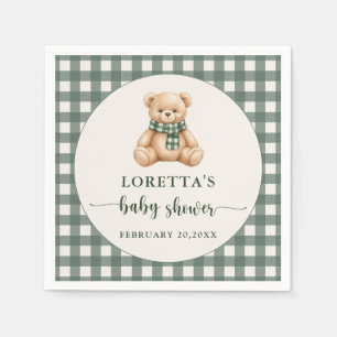 Süßer Teddybär Rustikales grün kariert Baby Shower Serviette