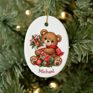Süßer Teddybär Strumpf Umarmen Weihnachten Keramik Ornament