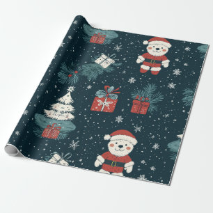 Süßer Teddybär & Weihnachtsmann auf dunklem Grün ( Geschenkpapier