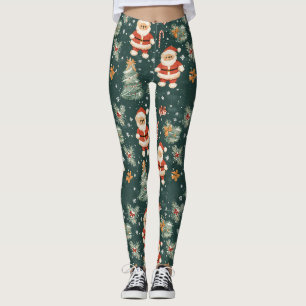 Süßer Teddybär & Weihnachtsmann auf dunklem Grün ( Leggings