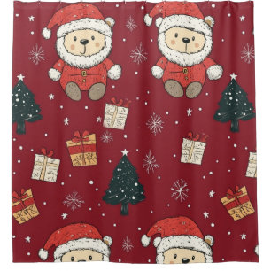 Süßer Teddybär & Weihnachtsmann auf Rot (1) Duschvorhang