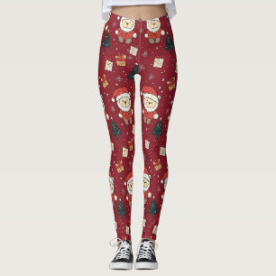 Süßer Teddybär & Weihnachtsmann auf Rot (1) Leggings