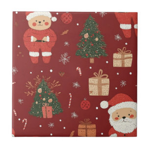 Süßer Teddybär & Weihnachtsmann auf Rot (2) Fliese