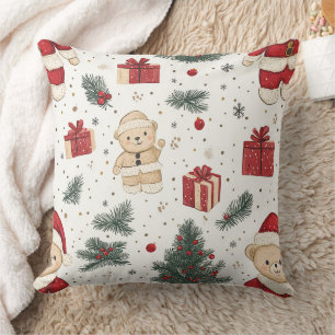 Süßer Teddybär & Weihnachtsmann auf Weiß (3) Kissen