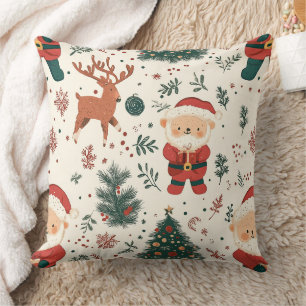 Süßer Teddybär & Weihnachtsmann auf Weiß (4) Kissen