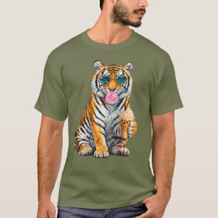 Süßer Tiger mit Eiskaffee und Herz-Sonnenbrille T-Shirt