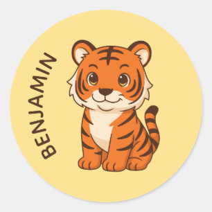 Süßer Tigerjunges mit individuellem Namen Gelb Runder Aufkleber