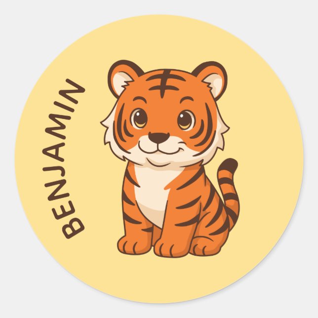 Süßer Tigerjunges mit individuellem Namen Gelb Runder Aufkleber (Vorderseite)