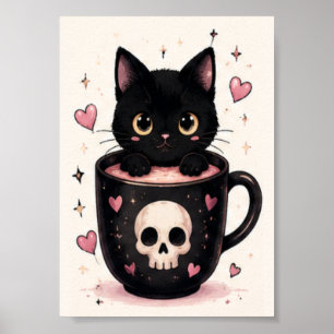 Süßer Totenkopf-Mug Schwarze Katze Halloween Poster