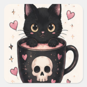 Süßer Totenkopf-Mug Schwarze Katze Halloween Quadratischer Aufkleber