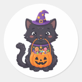Süßer Trick-or-Treat-Schwarzer-Kater-Halloween-Süß Runder Aufkleber
