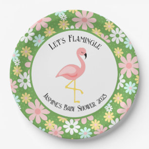 Süßer tropischer Flamingo und Retro-Gänseblümchen- Pappteller