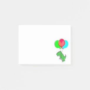 Süßer und wütender Dino fliegt mit Partyballons Post-it Klebezettel