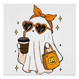 Süßer unheimlicher Saison-Geist mit Eiskaffee und Poster