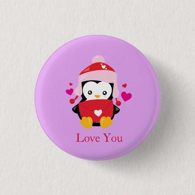 Süßer Valentinscartoon Pinguin Button (Vorderseite)