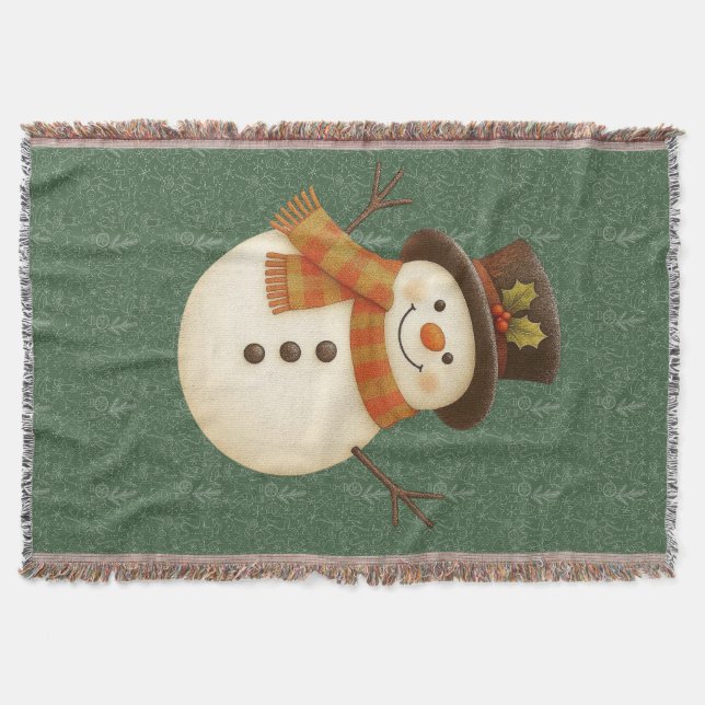 Süßer, vintage-grüner rustikaler Schneemann Decke (Vorderseite)
