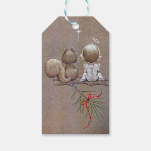 Süßer vintage Weihnachtsengel und Eichhörnchen Geschenkanhänger